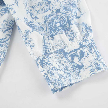 Blue Printed Mini Skirt Suit