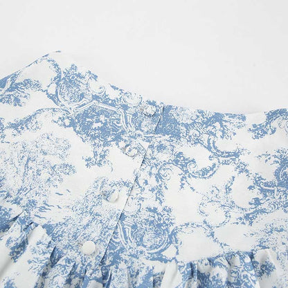 Blue Printed Mini Skirt Suit