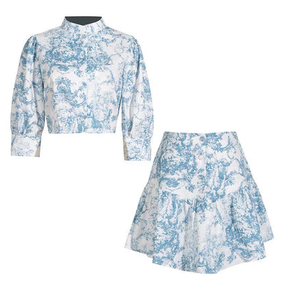 Blue Printed Mini Skirt Suit