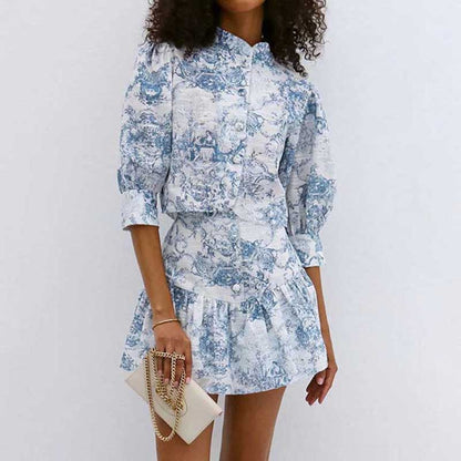Blue Printed Mini Skirt Suit