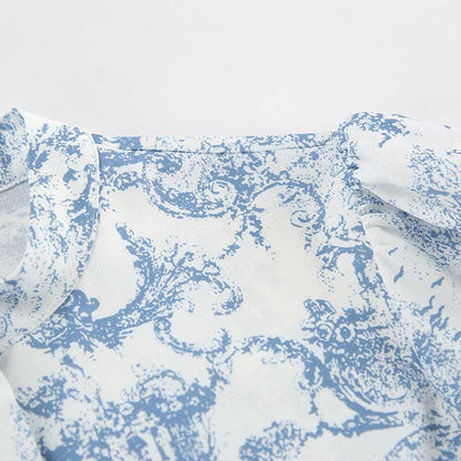 Blue Printed Mini Skirt Suit