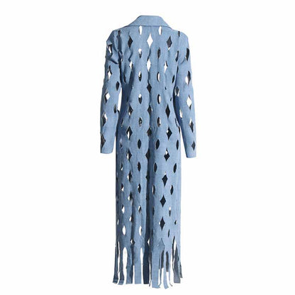 Women's Hollowed tassel long denim jacket fashion coat