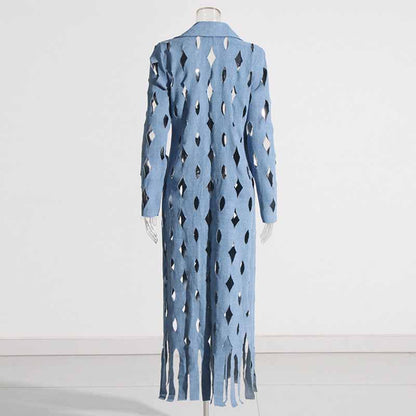 Women's Hollowed tassel long denim jacket fashion coat