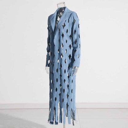 Women's Hollowed tassel long denim jacket fashion coat
