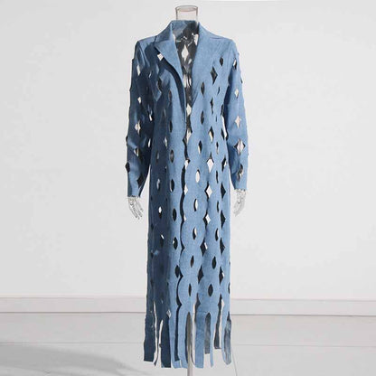 Women's Hollowed tassel long denim jacket fashion coat