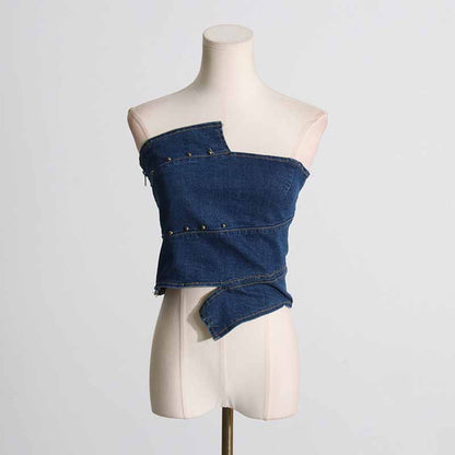 Womens Denim Blue Crop Top Bustier Top