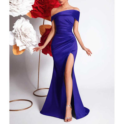 Elegant One Shoulder Satin Mermaid Evening Gown with Slit
