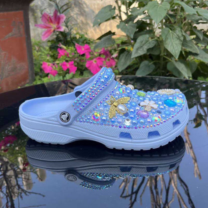 Womens Closed Toe Clog Shoes Rhinestone Sparkly Slip on Mules Blue