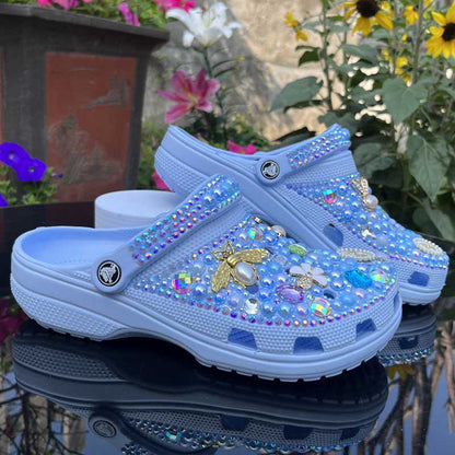 Womens Closed Toe Clog Shoes Rhinestone Sparkly Slip on Mules Blue