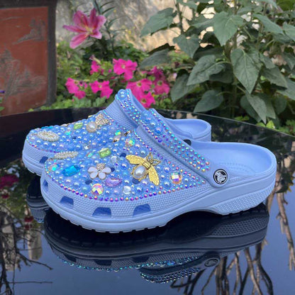 Womens Closed Toe Clog Shoes Rhinestone Sparkly Slip on Mules Blue