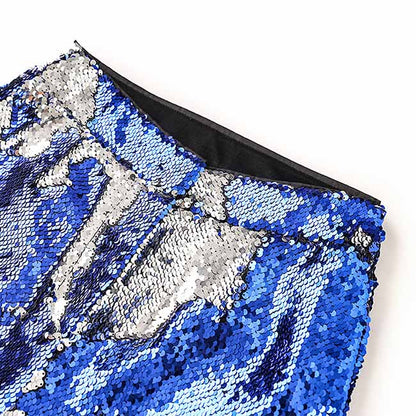 Blue Sequinted Suit Deep V Party Pantsuit Stage Performance Two Pieces Suit