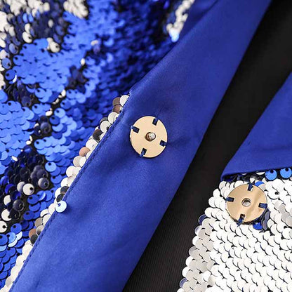 Blue Sequinted Suit Deep V Party Pantsuit Stage Performance Two Pieces Suit