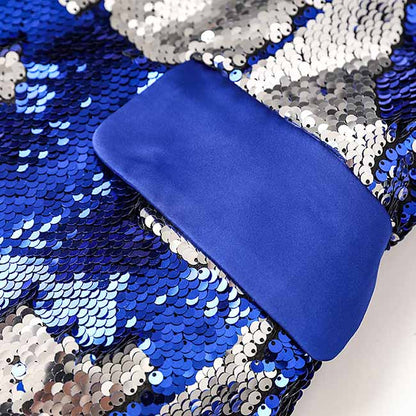 Blue Sequinted Suit Deep V Party Pantsuit Stage Performance Two Pieces Suit