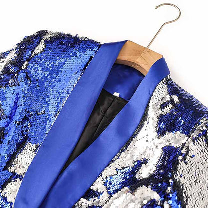 Blue Sequinted Suit Deep V Party Pantsuit Stage Performance Two Pieces Suit