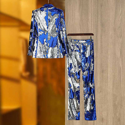 Blue Sequinted Suit Deep V Party Pantsuit Stage Performance Two Pieces Suit