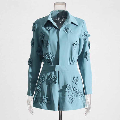 Women's blue patchwork floral jumpsuit shorts suit