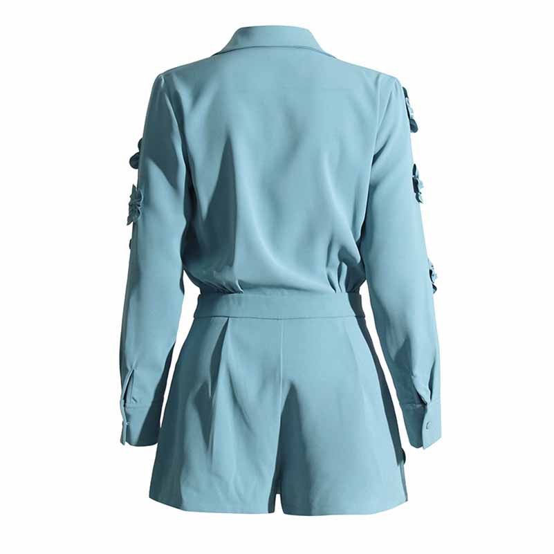 Women's blue patchwork floral jumpsuit shorts suit