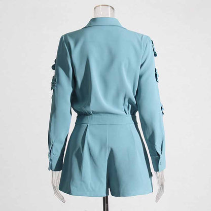 Women's blue patchwork floral jumpsuit shorts suit