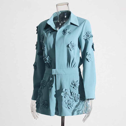 Women's blue patchwork floral jumpsuit shorts suit