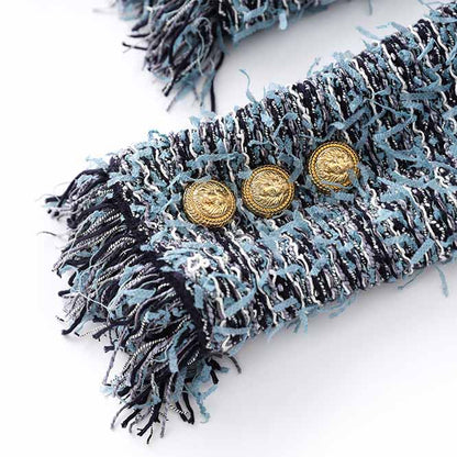 Women Tweed Blue Jacket With Fringe And Gold-tone Double-breasted Cardigan Jacket