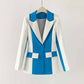 Women Blue and White Pantsuit fitted Blazer + Mid-High Rise Flare Trousers Suit Pantsuit