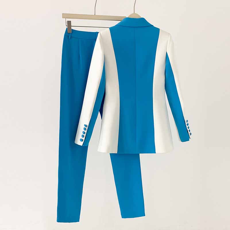 Women Blue and White Pantsuit fitted Blazer + Mid-High Rise Flare Trousers Suit Pantsuit