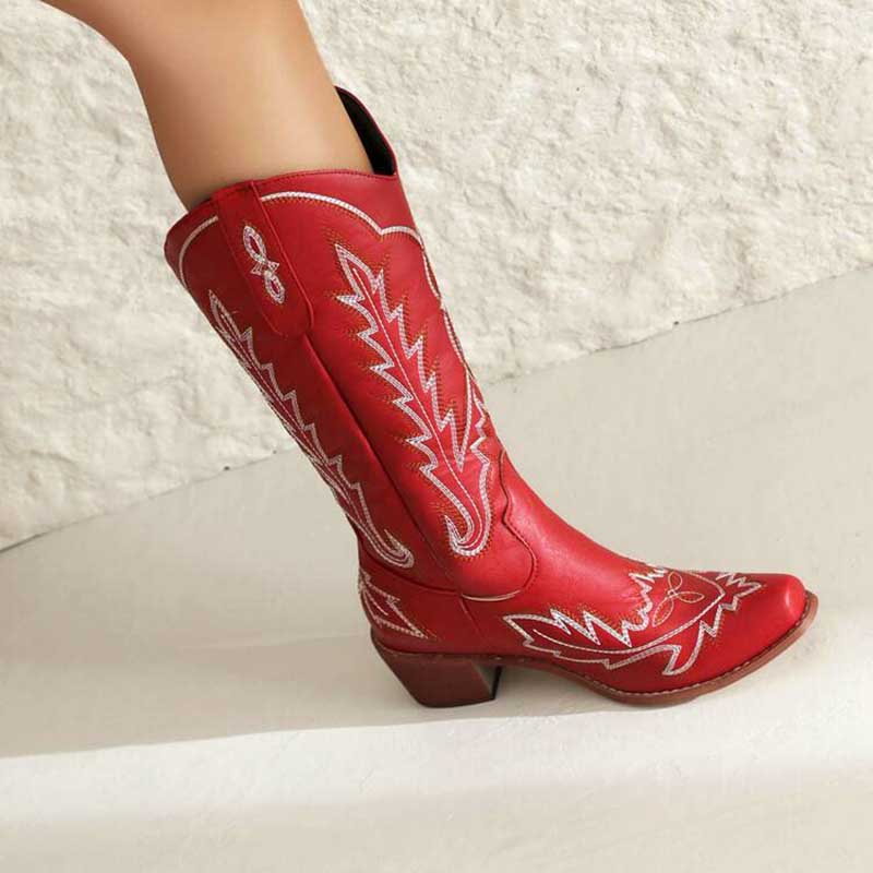 Women's Vintage Low Chunky Embroidery Boots