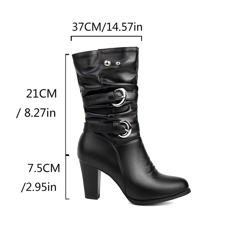 Women's Thick Heeled Mid-calf Boots with Belt buckle