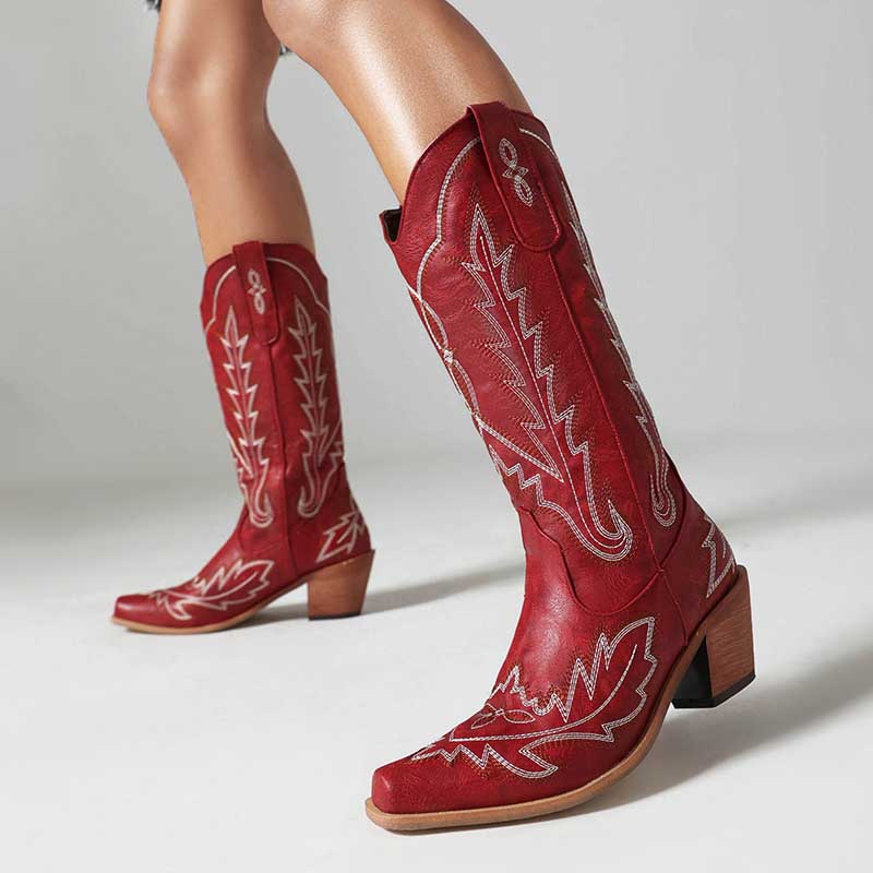 Women's Vintage Low Chunky Embroidery Boots