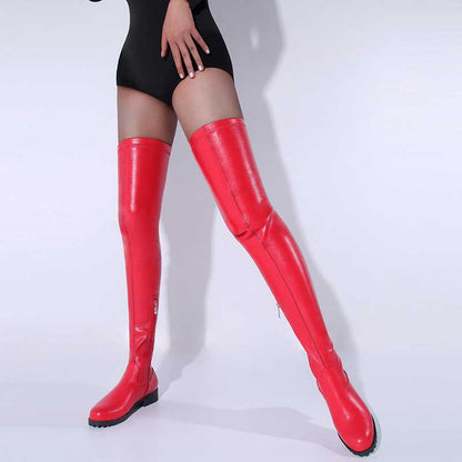 Bold red womens up top thigh high boots designed for a striking fashion statement