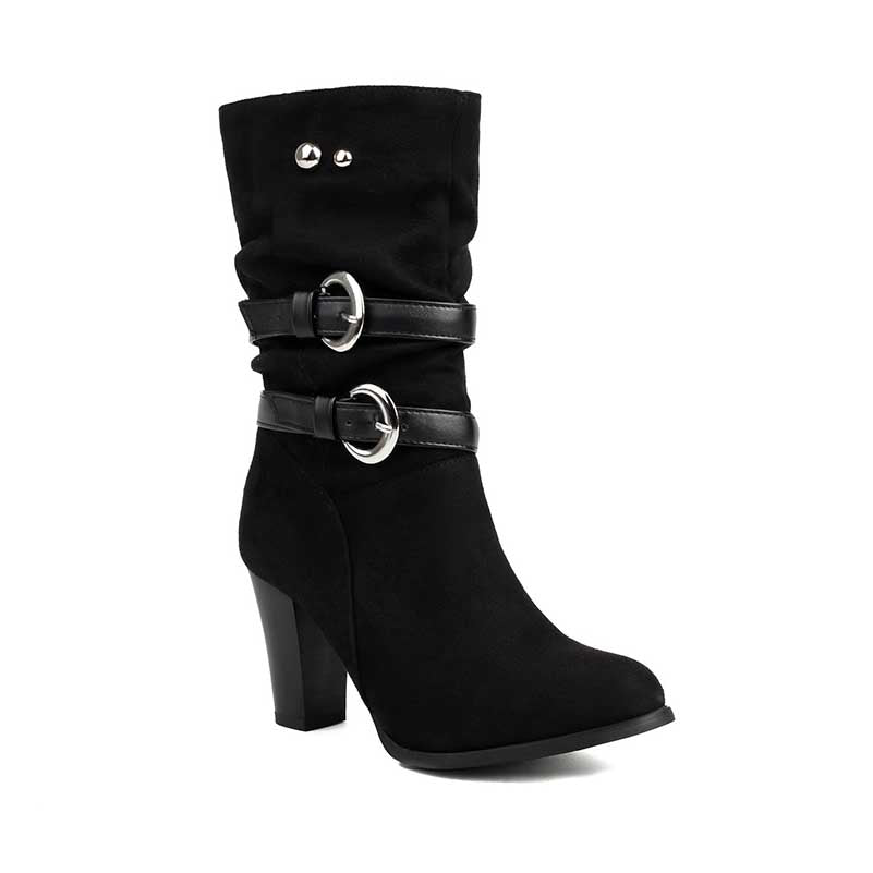 Women's Thick Heeled Mid-calf Boots with Belt buckle