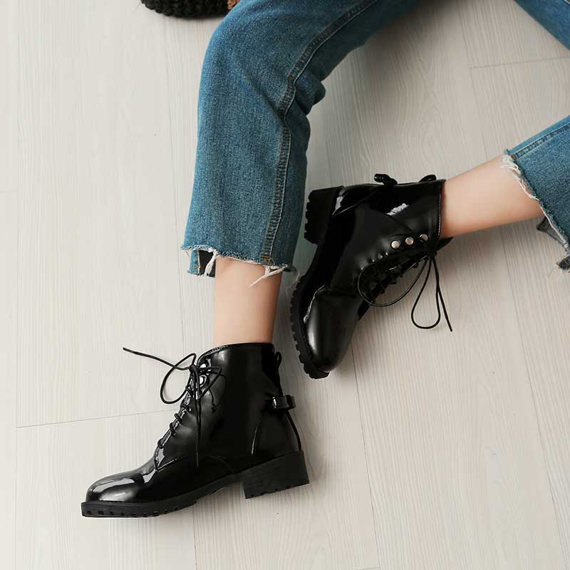 Women's Patent Leather Lace up Round toe Ankle Boots Low Heel Marten Boots