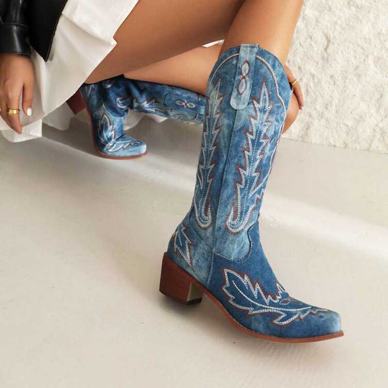 Women's Vintage Low Chunky Embroidery Boots