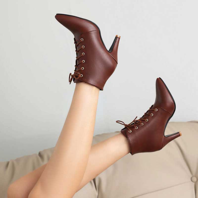 Women Lace-Up Faux Leather Low Heel Ankle Boots Dress Boots