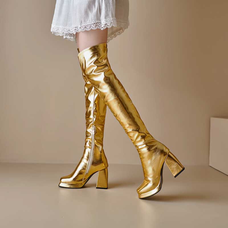 Metallic Microfiber Leather Platform Block Heel Over Knee Boots