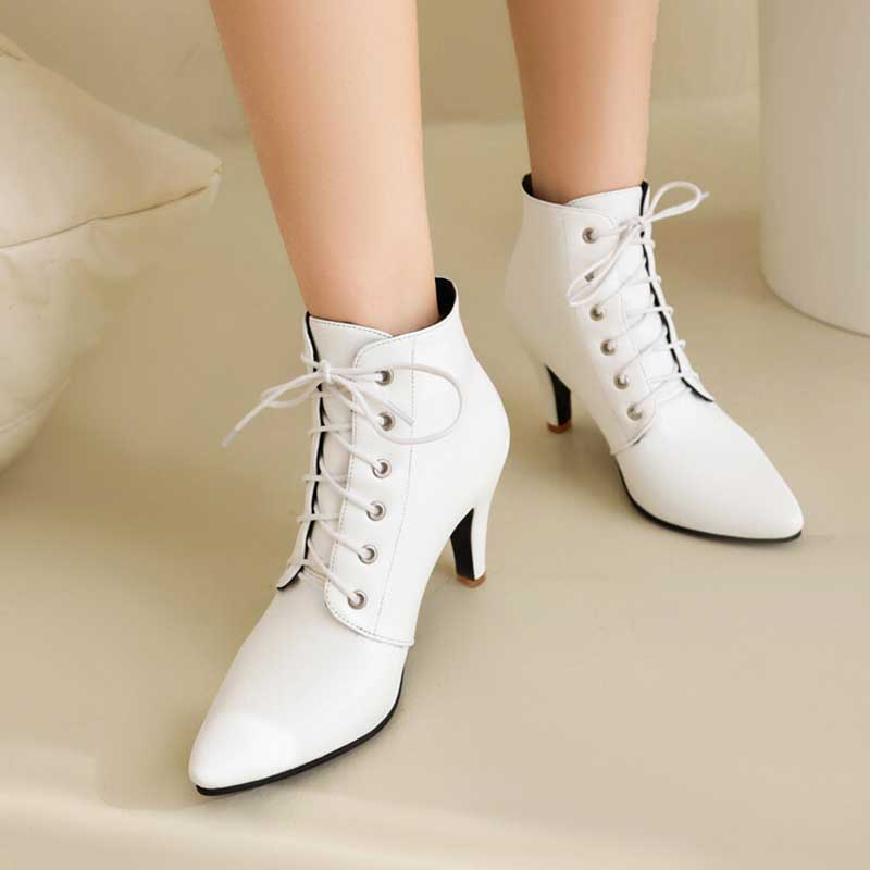 Women Lace-Up Faux Leather Low Heel Ankle Boots Dress Boots