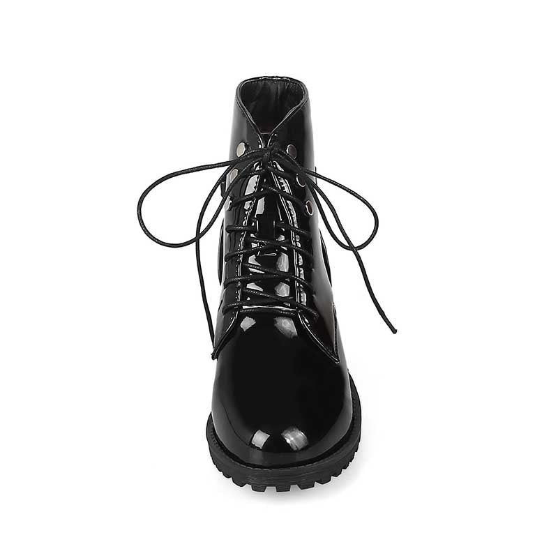 Women's Patent Leather Lace up Round toe Ankle Boots Low Heel Marten Boots