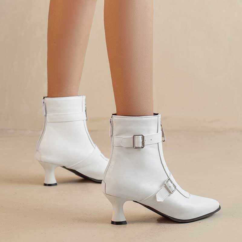 Pointed Toe Kitten Heels Ankle High Buckle Straps Zipper Low Heel Boots