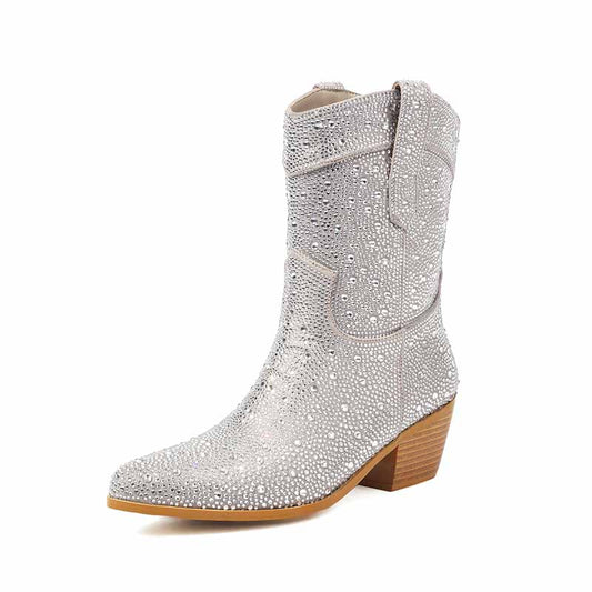 Sparkly Cowgirl Ankle Boots Rhinestone Cowboy Boots Glitter Mid Calf Block Heel Boots