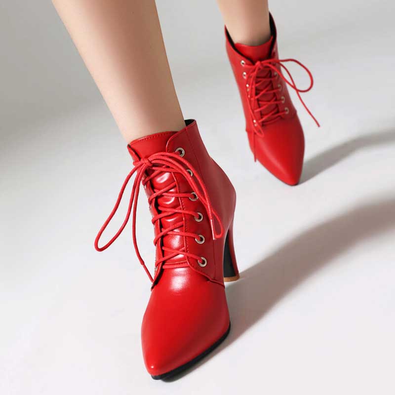 Women Lace-Up Faux Leather Low Heel Ankle Boots Dress Boots