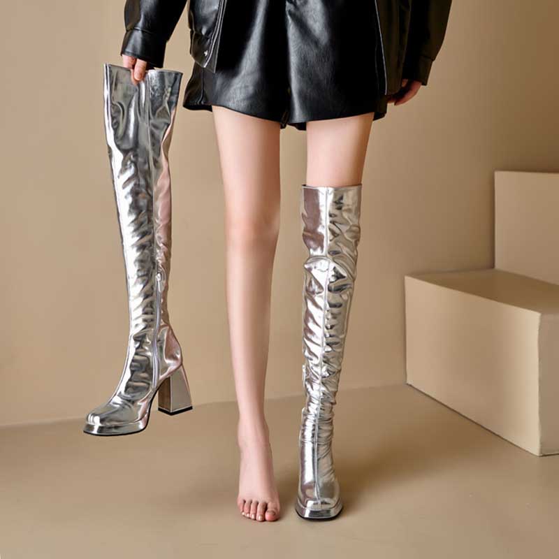 Metallic Microfiber Leather Platform Block Heel Over Knee Boots