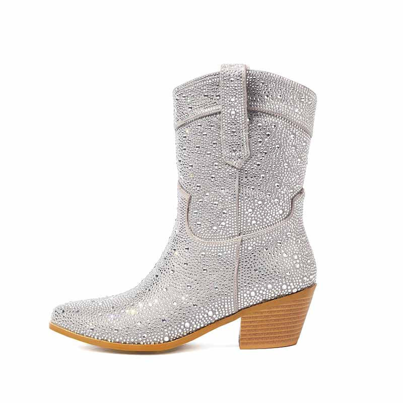 Sparkly Cowgirl Ankle Boots Rhinestone Cowboy Boots Glitter Mid Calf Block Heel Boots