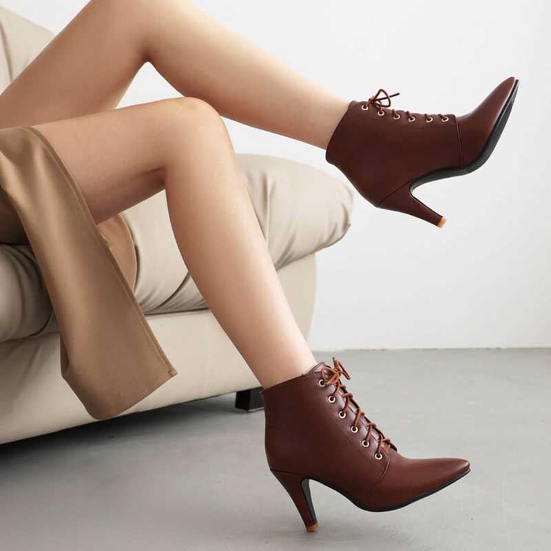 Women Lace-Up Faux Leather Low Heel Ankle Boots Dress Boots