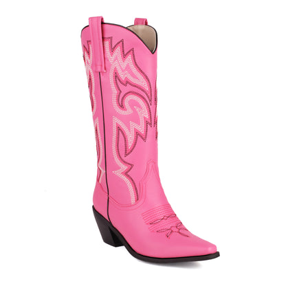 Women Embroidered Boots Country Cowgirl Chunky Heel Boots