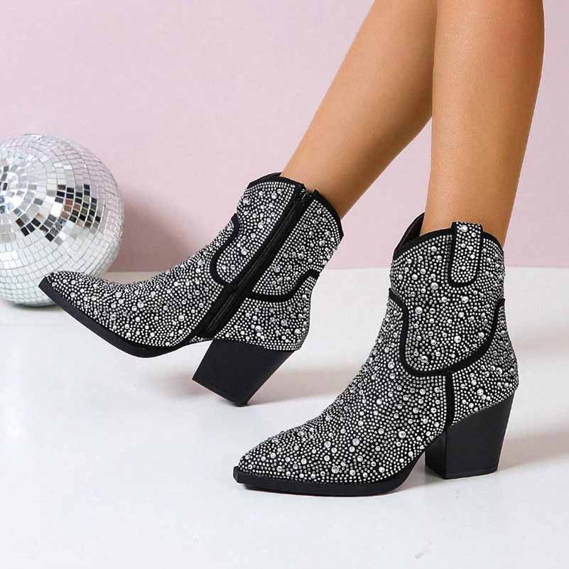 Short Sparkly Rhinestones Cowboy Cowgirl Style Boots Ankle Boots for Women
