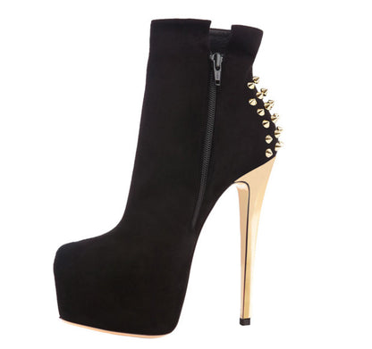 Zipper Stiletto Riveted Platform Ankle Boots in Black