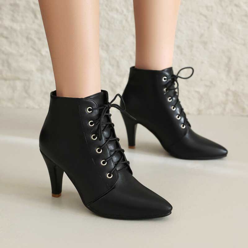 Women Lace-Up Faux Leather Low Heel Ankle Boots Dress Boots