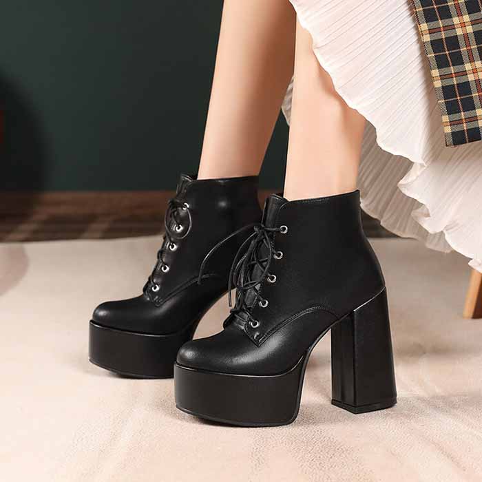 Women's lace up boots platform ankle heeled boots