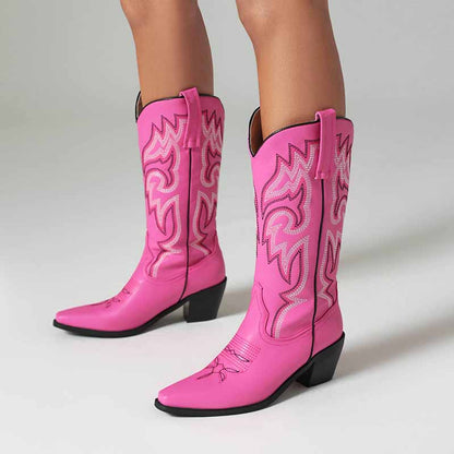 Women Embroidered Boots Country Cowgirl Chunky Heel Boots