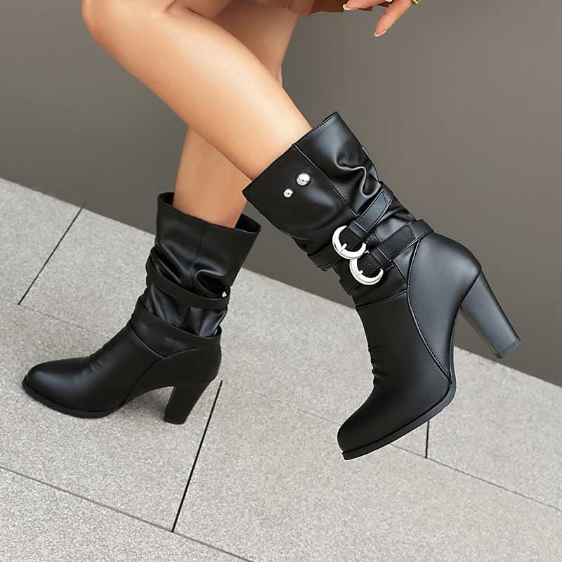 Women's Thick Heeled Mid-calf Boots with Belt buckle